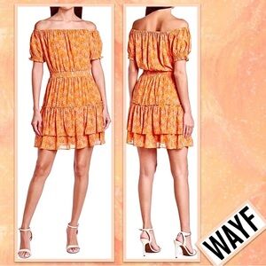 Wayf Orange Floral Off-Shoulder Tiered Mini Dress Size M